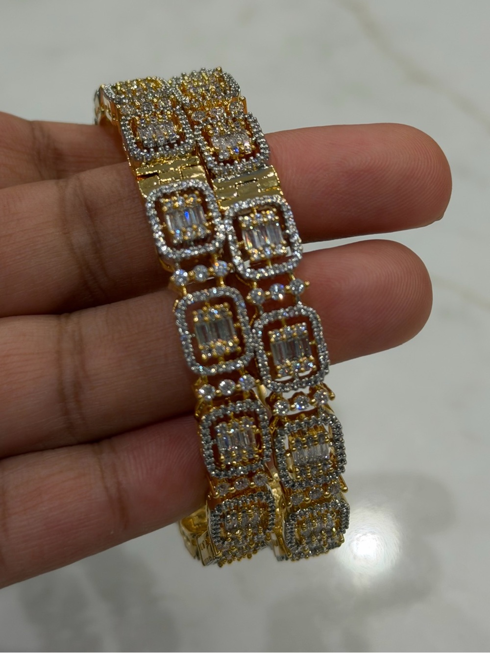 Gold CZ Bangle Bracelet Set | Pair of 2 Diamond Look Clasp Bangles